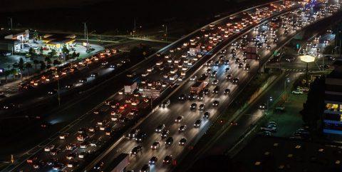 traffic on a city road at night